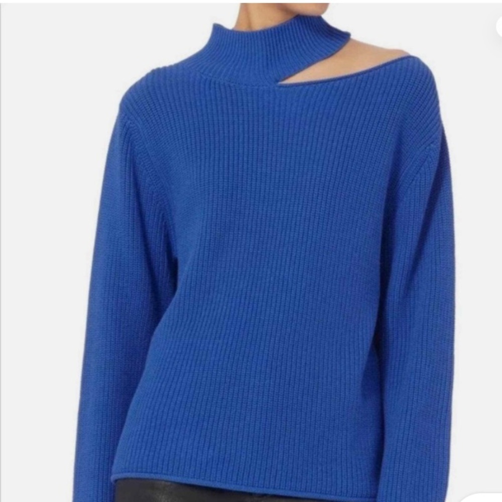RtA Langley Lagoon Blue Cutout Cotton Turtleneck Sweater Asymmetrical Knit Top